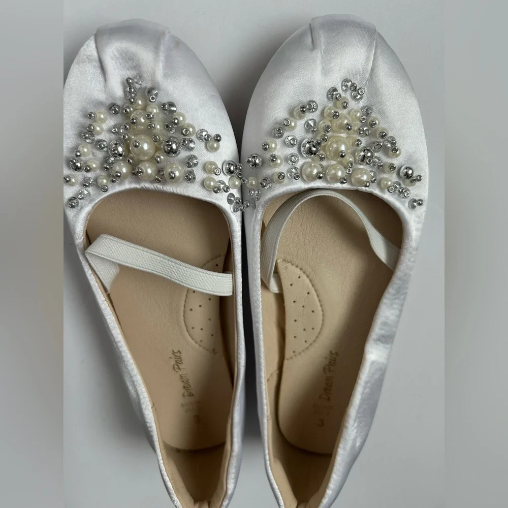 DREAM PAIRS Girl's Mary Jane Pearl Ballerina Flats White Satin Silver‎ Beads 3